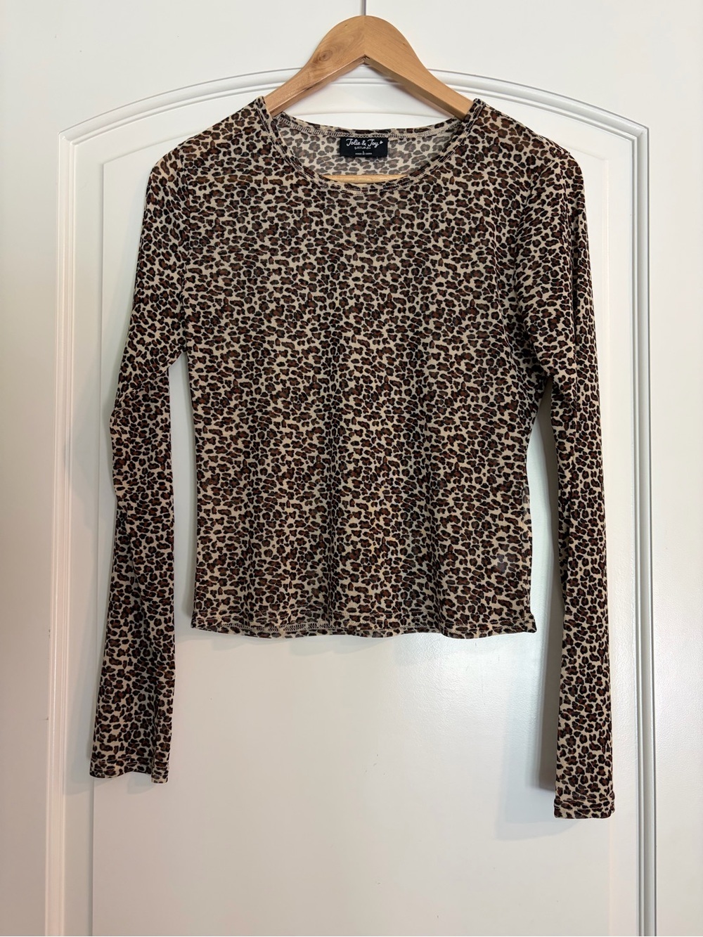 Jolie & Joy Women's Leopard Print Long Sleeve Mesh Sheer Top - Brown Large